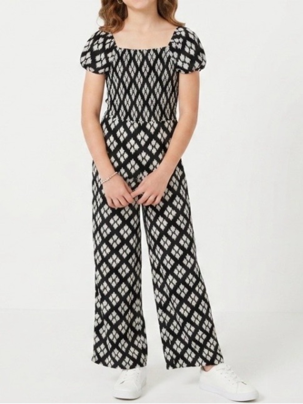 Janie and Jack 100% Cotton Black/White Diamond-Print Wide-Leg Jumpsuit Girls 12